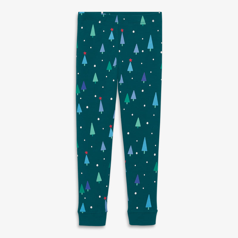 Kids organic PJ pant in wintry woods in forest-multi-trees