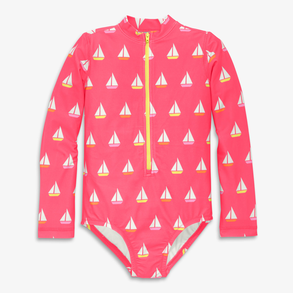Clearance kids long sleeve one-piece rash guard in sailboats in bright-azalea-sailboats
