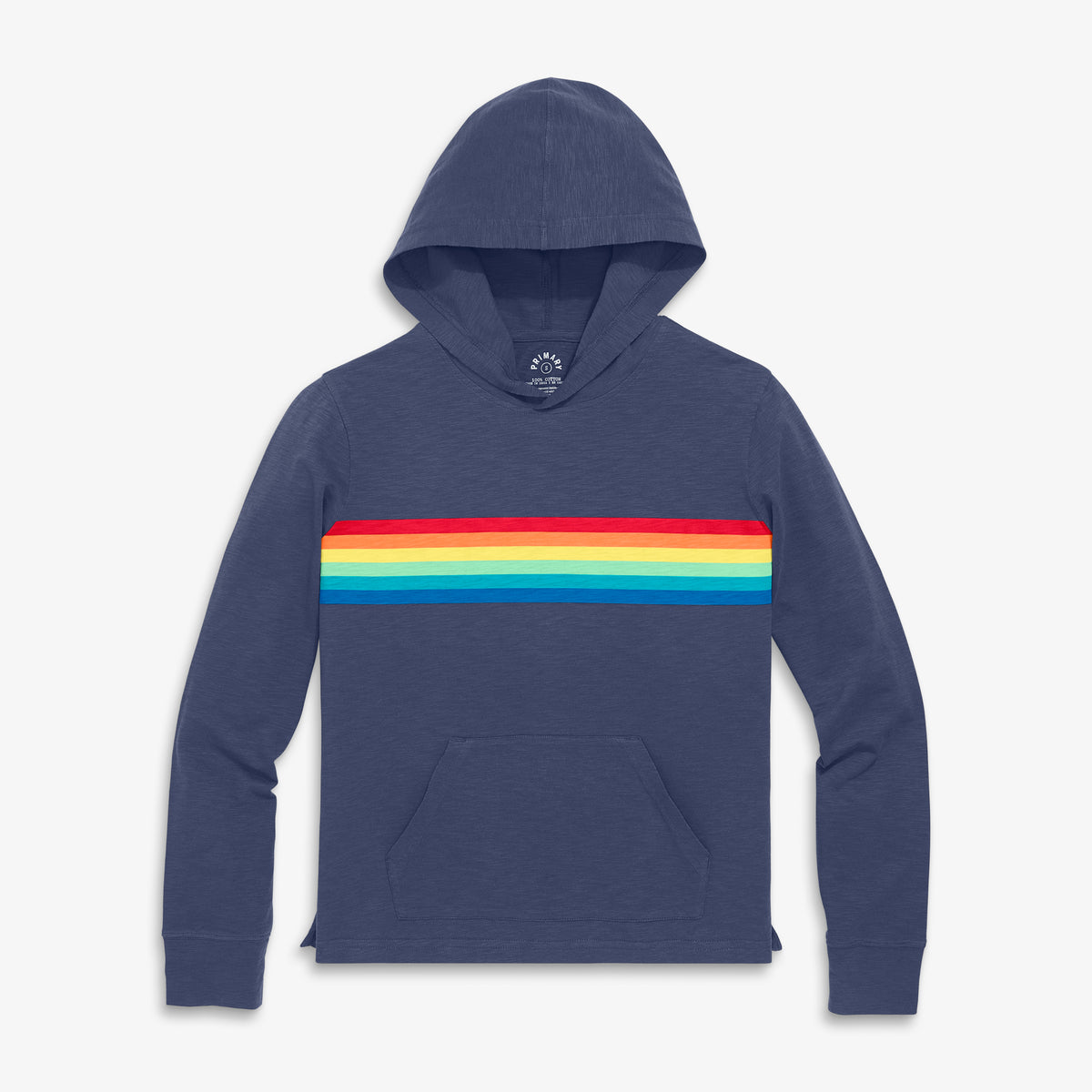 Women's fit rainbow banner t-shirt hoodie in sunwashed-navy-rainbow-banner