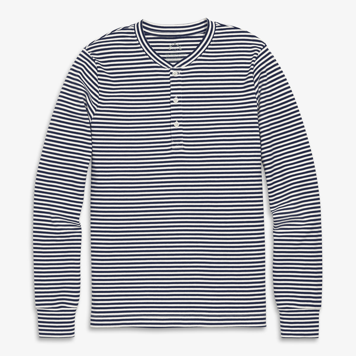 Clearance unisex fit organic long sleeve henley PJ top in stripe in navy-ivory-mini-stripe