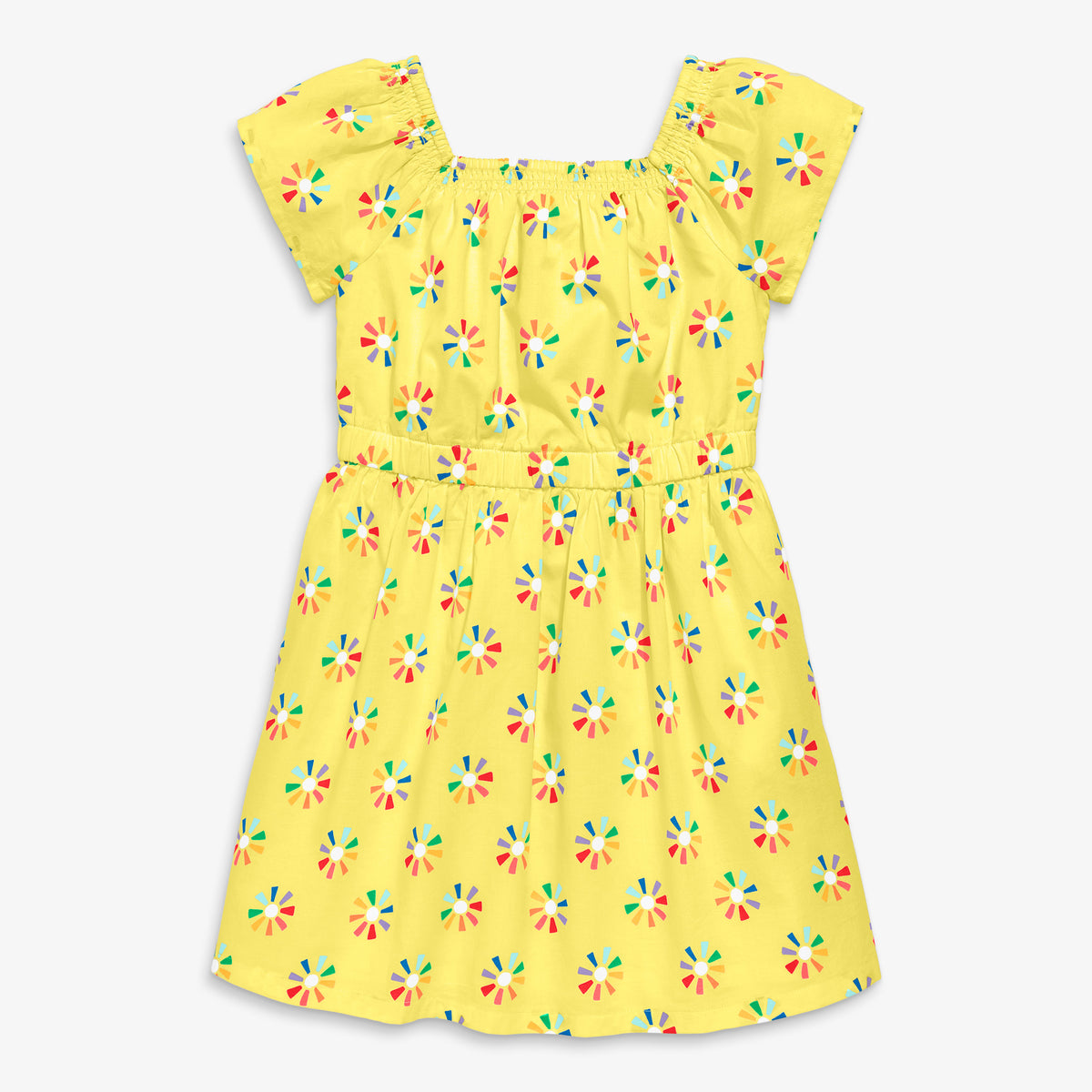 Clearance kids picnic dress in rainbow cutout suns in banana-rainbow-sun-block