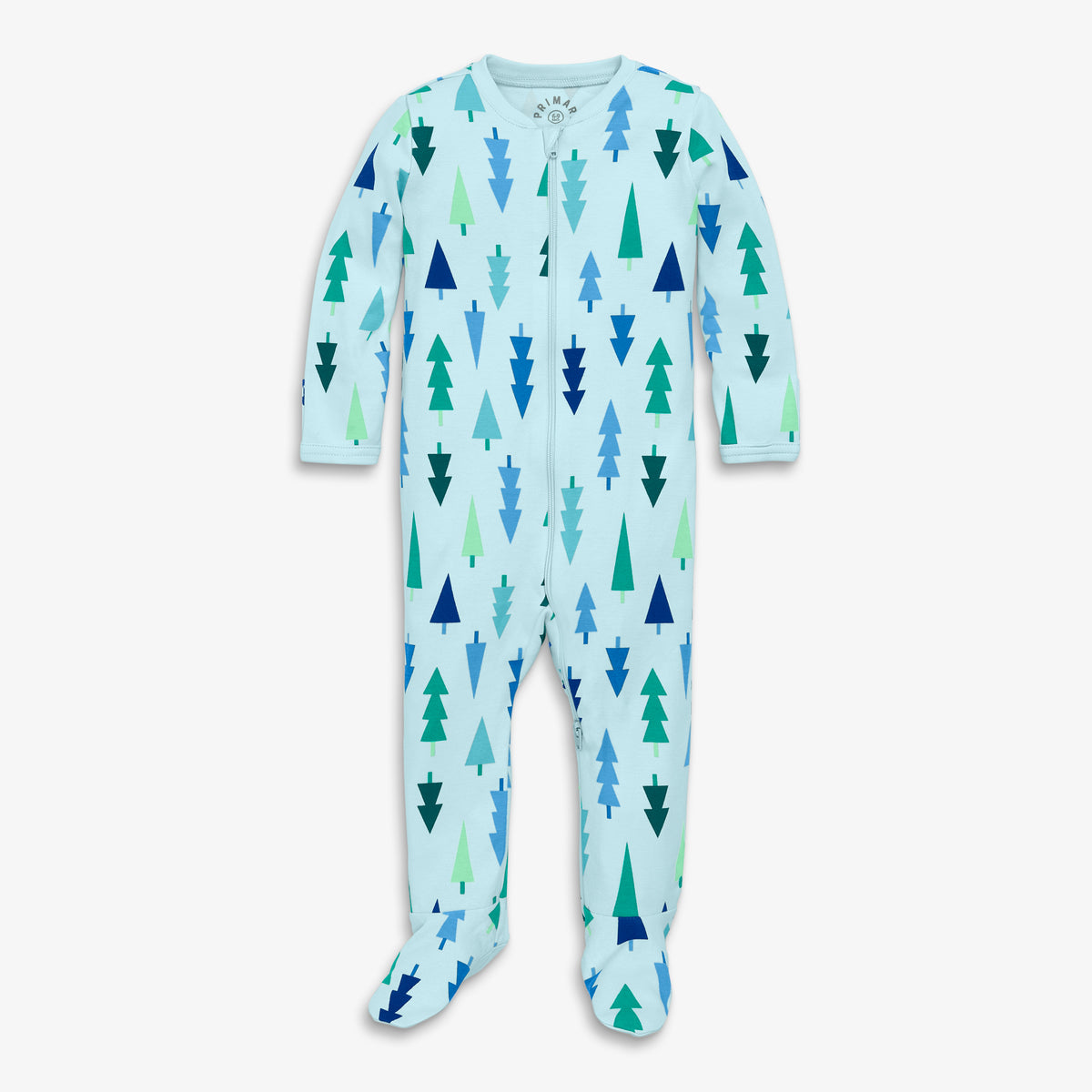 Clearance baby organic zip footie in frosty trees in saltwater-multi-trees