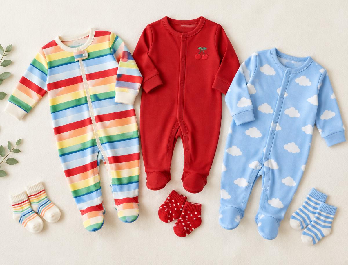 Baby footie onesies in rainbow stripe, cherry red and sky blue cloud prints with tiny socks