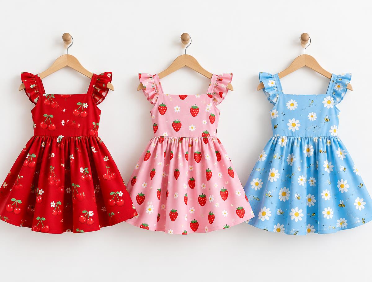Girls' dresses in cherry, strawberry pink and sky blue daisy prints on wooden hangers