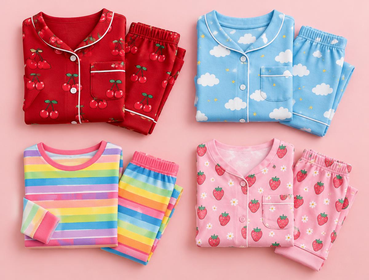 Colorful kids' pajama sets in cherry, sky blue, rainbow stripe and strawberry prints
