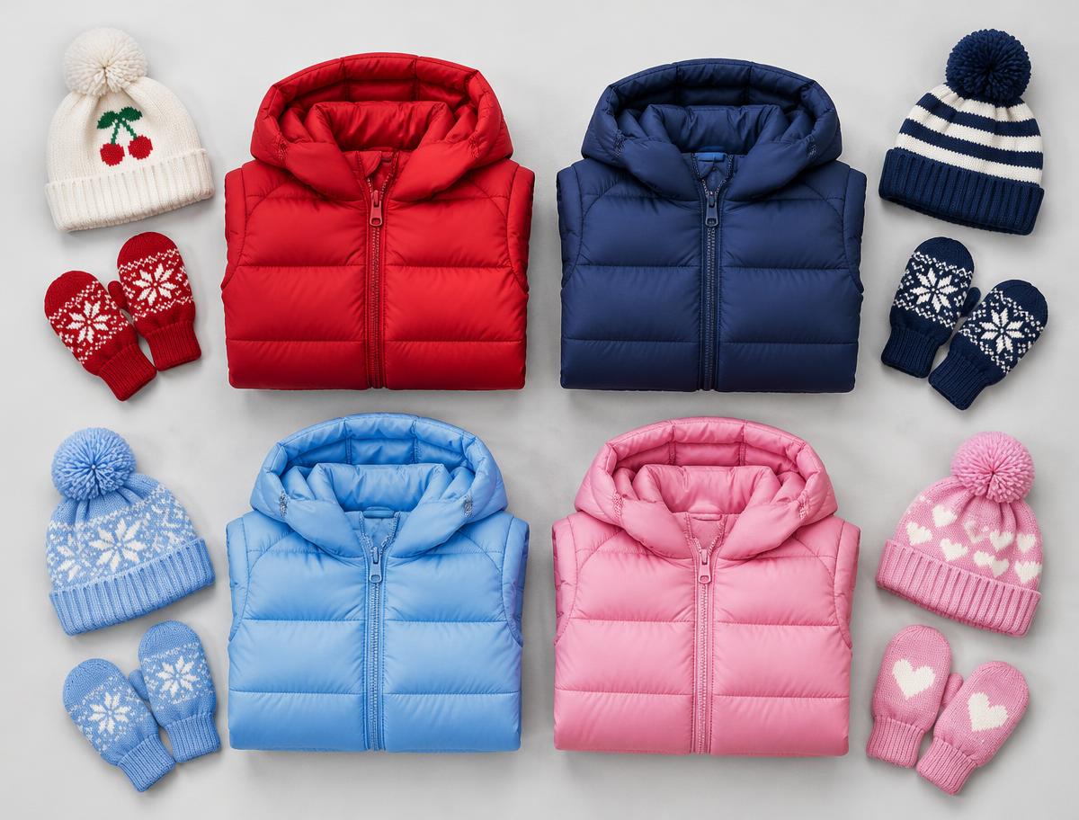 Kids' puffer jackets in red, navy, sky blue and pink with matching beanies and mittens