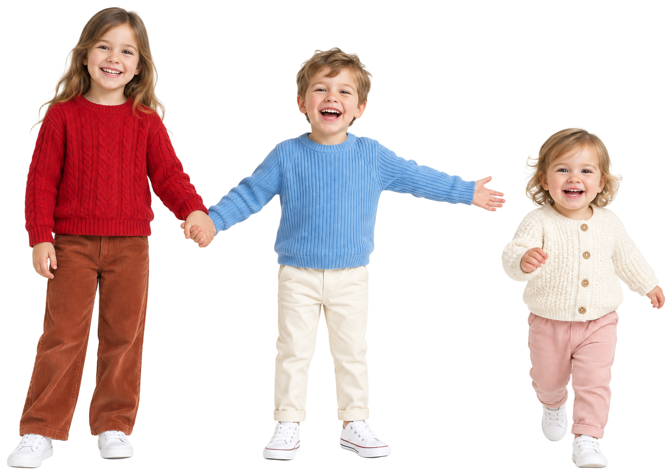 Three children standing close together in cherry, sky blue and cream knitwear