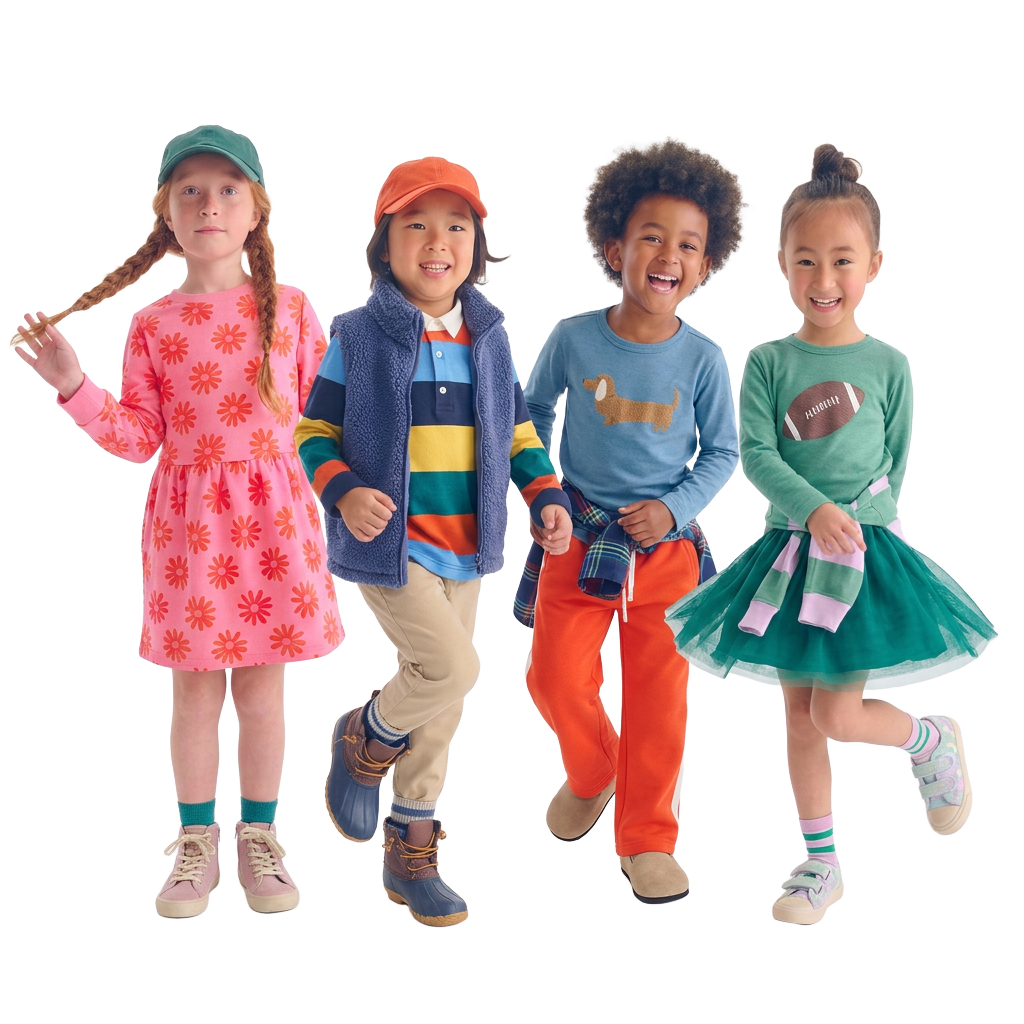 Four children in bright colorful everyday clothing