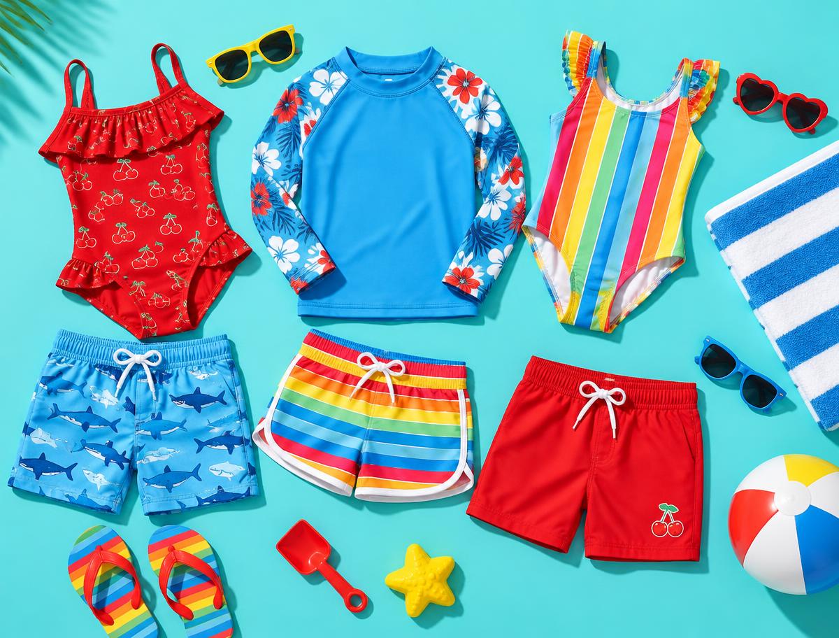 Kids' swimwear in cherry, rainbow stripe and shark prints with sunglasses and a beach ball