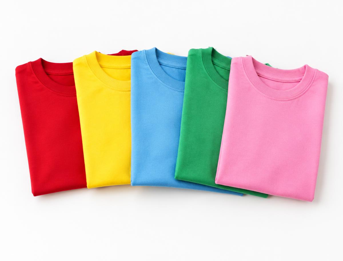 A rainbow row of folded kids' cotton t-shirts in red, yellow, sky blue, green and pink
